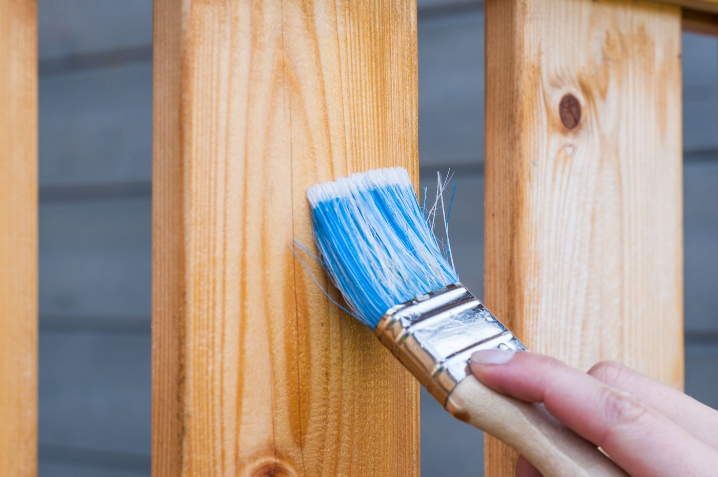 Brush applying stain to fresh wood fence boards